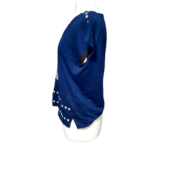 J Crew Vneck Blouse Shirt S Short Sleeve Navy Blue White Embroidered Flo… - Picture 3 of 3